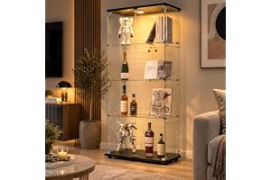 BLSYHDH Visningsskåp i glas med LED, vitrinskåp för samling med 2 dörrar och 4 hyllor, transparent vitrinskåp av glas, vardagsrum, bar