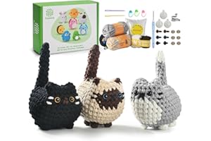 TranquilHome Set di siepe, uncinetto per principianti, set di animali all'uncinetto, per principianti, animali, video passo-passo, Amigurumi per principianti, tre simpatici gatti all'uncinetto
