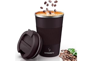 MOMSIV kubek termiczny, 380 ml, antypoślizgowy, ze stali nierdzewnej, z podwójnymi ściankami, izolowany, próżniowy, szczelny, podróżny kubek do kawy, z pokrywką, brązowy