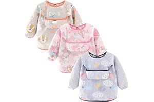 COCHIE Baby Bibs with Sleeves for Weaning Waterproof Feeding Bibs Animal Printed Dribble Apron Bibs for Infant Toddler 6 Months to 2 Years Old