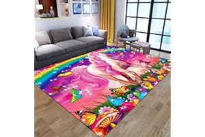 STICKER SUPERB. Einhorn 3D Gedruckter Teppich Cartoon Regenbogen Schmetterling Sternmuster Wohnzimmer Schlafzimmer Anti Rutsch Carpet Kinder Mädchen Jungen Zimmer Spielen Krabbeln Fußmatten (160X200 cm, Rosa)