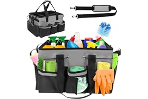 Yallmie Cleaning Caddy Bag with Handle, Cleaning Products Organiser Adjustable Gardening Tool Storage Bag, Caddy Organiser Large Multi Pocket Bucket Tool Bag for Home, Car, Garden, Craft (Grey)