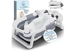 VALVANI Baignoire Pliable Bébé Portable pour la Maison et les Voyages + Coussin Antidérapant Design Panda Grand et Rembourré Benoire Bain Baby Bath Tub Bassine bb Facile à Nettoyer | VALBABY