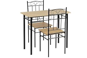 IPOTIUS Esszimmer-Set mit Esstisch und 2 Stühlen, Esstisch und Stuhl aus Buchenholzmaserung, Schwarze Metallbeine, für Esszimmer, Küche, Wohnzimmer