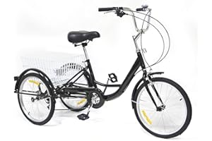 ROMYIX 20" 8 Speed Adult 3 Wheel Tricycle, Black Adult Bicycle Cycling Pedal Bike with White Basket for Outdoor Sports Shopping