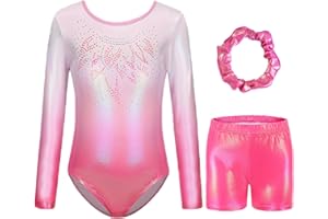 Boteria Gymnastics Leotards for Girls with Shorts Set,Long Sleeveless Dance Leotard Sparkle Dancewear for Kids 3-13 Years