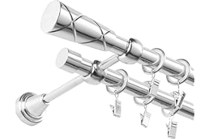 Gardinenstange 2-läufig 120 cm – Montage an der Wand, aus Stahl, Stangendurchmesser: 19 mm, Farbe: Stahl, Endung: Davi, 24 Ösen mit Klammern, inkl. Dübel