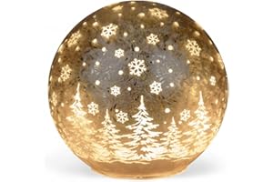 formano LED Deko-Kugel Frosty-Champagner 12cm Glaskugel Timer 6h/18h beleuchtete Deko - Farbglas in geeister Optik mit winterlichem Dekor - Herbst Winter Weihnachtsdeko für Tisch Regal Fensterbank