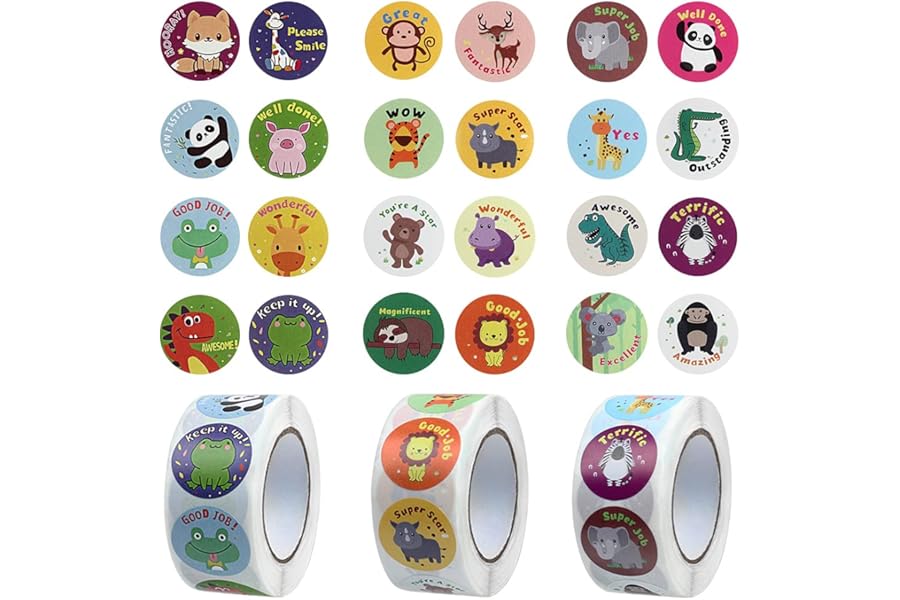 1500PCS Reward Stickers, ZTMY School Stickers 3 Roll Motivational Stickers in 24 Designs for Children Students Teachers Classroom (Multicoloured-2)