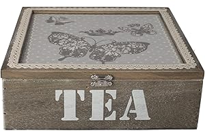 Keyhomestore- Scatola da thé e Tisane, realizzata in legno, Color grigio, con 9 scomparti, Altezza cm 24, decorata con Farfalle, accessorio da cucina, idea regalo per amiche.