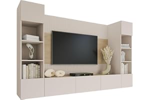 Mirjan24 Wohnwand Deromi, Anbauwand mit Wandpaneele und TV-Lowboard, Akustikplatten, Fernsehschrank, Schrankwand, Mediawand, TV-Lowboard (Sandbeige + Eiche Cremona, 2X Hängeregal)