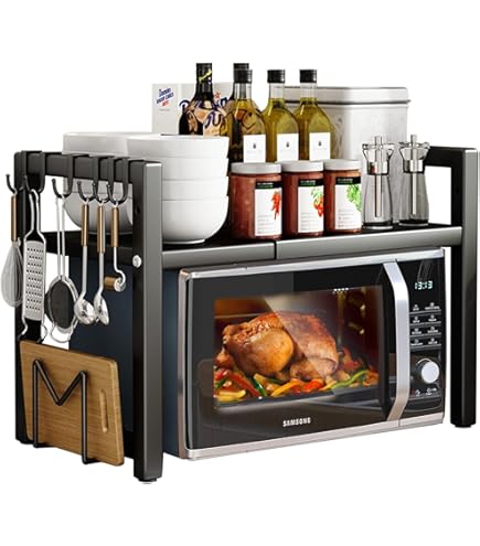 Mensola Microonde In Bambù - Scaffale Cucina Regolabile Con Ganci E Porta Taglieri | 55x42x35 Cm, Carico 15 Kg - Foto 8