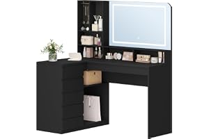 Hzuaneri Sminkbord med stora speglar, sminkbord med LED-belysning, L-format hörn – med 5 lådor och 7 öppna fack, kedjekrokar