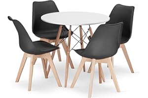 NMK HOME Conjunto Mesa Redonda Ф 80 cm y 4 Sillas Comedor Negro - Mesa de Cocina con Sillas con Cojín de Cuero Sintético y Patas de Madera de Haya