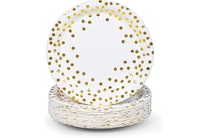 MATICAN Lot de 50 assiettes en carton jetables blanches et dorées, à pois en aluminium, 22,9 cm