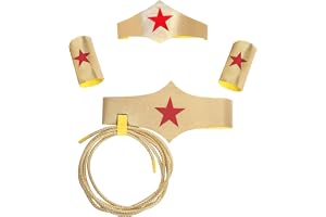 Tomatoys Superhjältinna Tillbehörsset - Tiara, Bä , Armband och Guldlasso med Röd Stjärna för Dammaskerad, Karneval, Halloween och Cosplay
