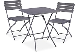 Relaxdays Table Pliante et 2 chaises pour Balcon, Aspect Bois, Acier et Plastique, Meubles terrasse, Grises
