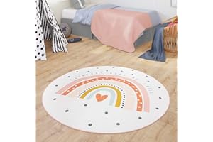 ‎TT HOME TT Home Teppich Kinderzimmer Kinderteppich Babymatte Regenbogen Motiv Mit Herz Design, Farbe:Creme, Größe:80 cm Rund