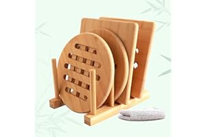 KAHOUI 6 Pièces Dessous de Plat en Bambou, Dessous de Plats Rond Carré, sous Plat de Table Protege Poele, avec Égouttoir et Tissu de Nettoyage pour Casseroles Assiettes Tasses Bols Théières