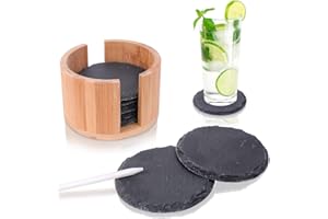 Amazy Posavasos de Pizarra Ø 10 cm (8 Unid.) Incl. Tiza – Posavasos Decorativos de Pizarra 100% Natural con práctico Estuche de bambú – Idea Genial para Regalo