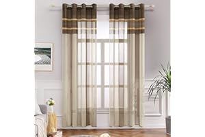 MIULEE Cortinas Translucida de Dormitorio Moderno Ventana Visillos Rayas Salon Paneles con Anillas Plateados para Sala Cuarto Dormitorio Habitación 140 x 225 cm, 2 Unidades Blanco y Marrón Claro