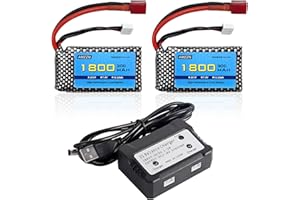 AMZZN 2PCS 7.4V 1800mAh 2S 30C T-Plug Lipo Battery with 2-in-1 Charger for WLTYOS K929-B A959-B 12401 9200 9200E 300E YC200 HM123 1/10,1/12,1/16 RC Car,Truck Batteries