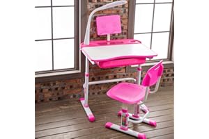 Yinleader Kinderschreibtisch-Stuhlset, ergonomischer rosa Kinderschreibtischstuhl Höhenverstellbarer multifunktionaler Schreibtisch und Stuhl, Studententisch mit Lampe