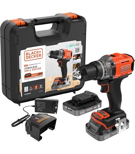 BLACK+DECKER Perceuse Sans Fil 18V - 2 Batteries 1.5Ah, Coffret - BDCDC18K1B-QW