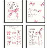 Coquette Pink Aesthetic Wall Art Set of 4 – Preppy Room Decor for Girls, Cute Bow, Disco Ball, Cherry Posters – Trendy Dorm &