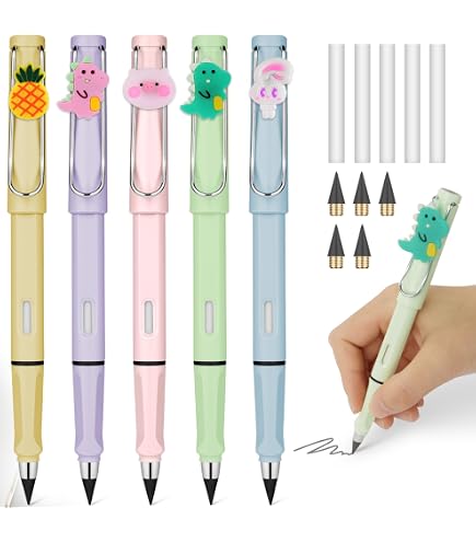 OFFCUP Matite senza inchiostro, 5 matite eterne, portatili, senza inchiostro, con 5 punte in grafite sostituibili e gomma bianca, per studenti, artisti, scritture, disegni o ufficio (blu/rosa