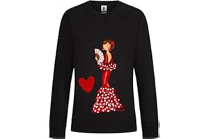 IllustrArte Sudadera Negra con Cuello Redondo para Amantes del Flamenco, Preciosa bailaora de Flamenco con un Vestido Blanco con Corazones.