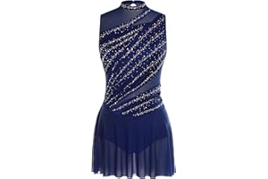 Sinleey Femme Robe Patinage Artistique Strass Leotard Danse Justaucorps Gymnastique sans Manches Tenue Spectacle Compétition