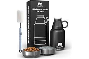Miracle Pets Botella de Agua para Perros - Bebedero Perro Portatil y Comedero - Botella Termica 1 Litro -Cantimplora Acero Inoxidable Agarre Fácil Doble Aislamiento sin BPA (Negro) Cepillo Limpieza