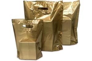 JeeJaan® 100 Pcs of Gold Plastic Carrier Bags 15"x18"+3" - Strong Patch Handle Bags Ideal for Boutiques Clothes, Jewellery, Gifts, Retail and Shopping