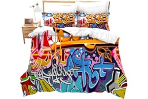 LOUSSIESD Hippie Graffiti Set copripiumino matrimoniale moderno biancheria da letto da parete Urban Street Art copriletto con 2 federe cerniera e lacci personalizzati