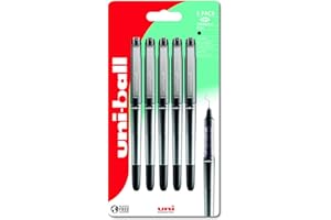 Uni-Ball Eye UB-185S Needle Black Rollerball Pens. Micro 0.5mm Ballpoint Tip for Super Smooth Writing, Drawing, Art, Crafts and Colouring. Fade and Water Resistant Liquid Uni Super Ink. 5 Pack