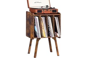 LELELINKY Wooden Record Stand with 4 Cabinets, Mid-Century Vinyl Record Player Table with Solid Wood Legs, Holds Up to 100 Albums,Brown Vinyl Record Shelf for Bedroom, Living Room