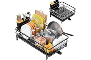 Urackify Scolapiatti, Scolapiatti da Appoggio, Grande Scolapiatti Estensibile Acciaio Inox con Portaposate con Copertura in Bambù, Multifunzionale Scolapiatti per Cucina con Beccuccio Girevole a 270°