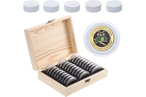 HonGien Boîtes à Pièces de Monnaie en Bois, Pièces de Monnaie Boîte de Protection avec 30 Capsules Rondes en Plastique, Boite Rangement Pièces de Collection pour 20mm/25mm/30mm/35mm/40mm