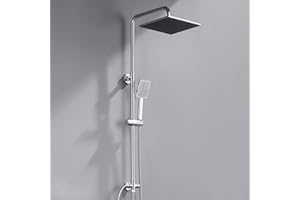 Auralum Columna Ducha sin Grifo con Diversor de Latón, Rociador Ducha 25×25 cm Cuadrado, Barra de Ducha Altura Regulable 74-109cm, Duchas de Baño Columna Compatible con Orificios Existentes, Cromo