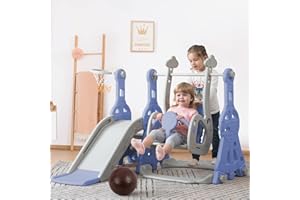 TIMORWTF Tobogán infantil con columpio, 4 en 1 tobogán interior y exterior infantil con columpio ajustable en altura, escalera, cesta de baloncesto, carga máxima. 45 KG, Azul