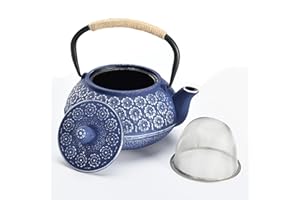 Tetera de fundición de hierro Webao con infusor de acero inoxidable, hervidor de agua para té suelto de 1000 ml, Flor de cereza azul