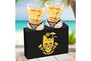 LKKCHER NOVELTY Homme Musclé Lot de 2 Verres à Shot en Verre avec Motif Tête de Mort Logo, 30 ml, Verres à Shot à Base Lourde pour Whisky, Vodka, Tequila, Durables et Réutilisables pour La Maison, Les Bars et La Fête