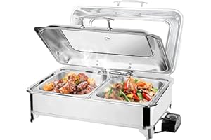 VFDZ 9L Chafing Dish Scaldavivande Elettrico per Buffet Acciaio Inox Professionale, Contenitore Vassoio di Riscaldamento Pentole con Coperchio Visibile, Scaldavivande per Buffet Feste (1/2 Size Pan)