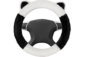 shallyong Lenkradbezug Plüsch Winter, Lenkradhülle Flauschiger Plüsch mit Ohren, Lenkradschoner Warm & rutschfest, Niedliches Autozubehör Innenraum, Universal Auto-Lenkradabdeckung (Schwarz und Weiß)