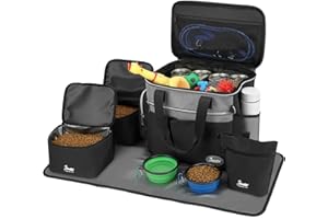TAIHOYIN Bolsa de Viaje para Perros Kit Completo de Accesorios (7 Piezas) con Bolsas para Comida, Cuencos Plegables, Alfombrilla y Neceser Viajes y excursiones Negro