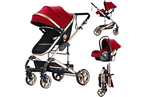Reenborn Passeggino Trio, Passeggino 3 in 1 con Due Modi Reversibili Spingere, Trio con Telaio Alluminio Paesaggistico Alto, Trio Passeggino Neonati con Design Pieghevole in Un Clic (739 Red)