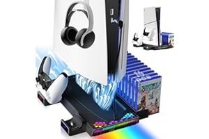 Auniq Soporte PS5/PS5 Slim con Ventilador y Estación Carga Mando, Soporte de refrigeración para PS5 Slim con luz RGB, Accesorios PS5 Estación de refrigeración para PS5 & PS5 Slim Disc/Digital Edición