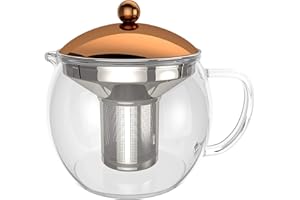‎BONVIVO bonVIVO Glas Teekanne mit Siebeinsatz - 1,5 Liter - Teekanne Aus Borosilikat-Glas, Hitzebeständig, Teekanne Glas Mit Deckel In Kupfer-Chrom-Look, Tea Infuser, Glasteekanne - Tea Pot