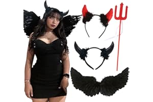 JeVenis Noir Diable Déguisement Ailes de Plumes Ange Costume d'ailes d'ange Aile de Demon avec Cornes de Diable Rouge Ailes d'ange Plumes für Halloween Karneval Party Cosplay